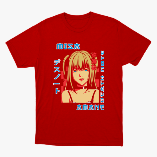Camiseta com estampa frontal de uma personagem anime com cabelos longos, acompanhada de textos em estilo japonês ao redor.