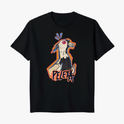 Camiseta com estampa frontal de galo estilizado com detalhes gráficos angulares, contornos coloridos e inscrições em estilo grafite na parte inferior.