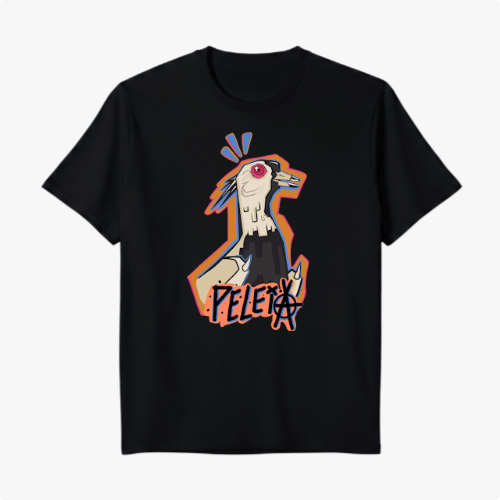 Camiseta com estampa frontal de galo estilizado com detalhes gráficos angulares, contornos coloridos e inscrições em estilo grafite na parte inferior.