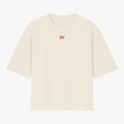 Camiseta com estampa frontal de logotipo estilizado "PK" em tamanho pequeno e estampa traseira de fatia de pizza e donuts com a frase "Atleta Parker Squad".