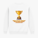 Moletom com estampa frontal de troféu dourado e estampa traseira de troféu maior junto à frase "QUEM VENCER HERDARÁ TODAS ESSAS COISAS APOCALIPSE 21:7".