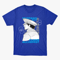 Camiseta com estampa frontal de personagem estilo mangá em perfil, com chapéu militar, acompanhada de textos como "Mustang Roy" e "Flame Alchemist".