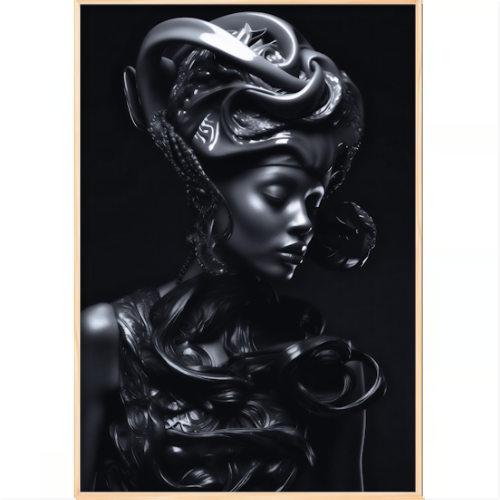 Quadro com estampa frontal de esculturas intrincadas, destacando um rosto feminino futurista com elementos decorativos abstratos e detalhados.