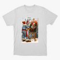 Camiseta com estampa frontal de palhaço pintando retrato de outro palhaço em mural, com palavra "LOSER" escrita acima e detalhe de parede de tijolos.