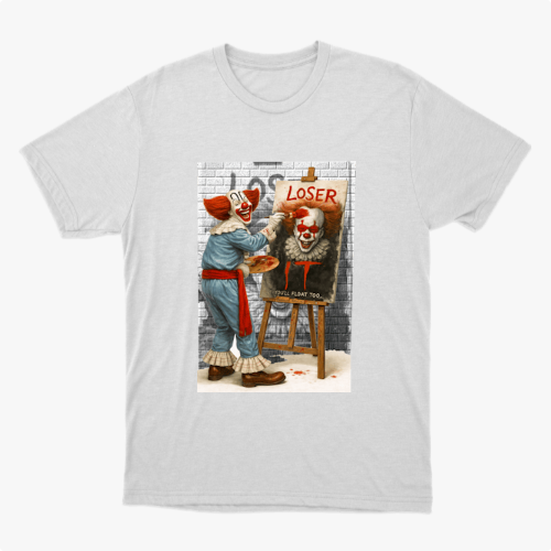 Camiseta com estampa frontal de palhaço pintando retrato de outro palhaço em mural, com palavra "LOSER" escrita acima e detalhe de parede de tijolos.