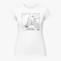 Camiseta com estampa frontal de um desenho feminino usando máscara com orelhas, dentro de uma moldura com texto detalhando nome e título.