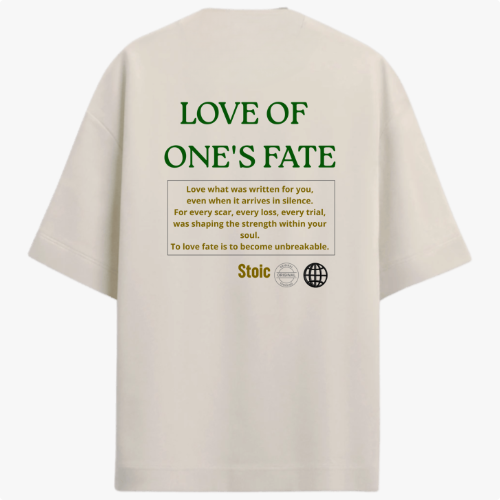 Camiseta com estampa frontal de "Stoic" no peito e estampa traseira com o texto "Love of One's Fate", acompanhada de parágrafo reflexivo e símbolos.