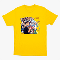 Camiseta com estampa frontal de diversos personagens de anime alinhados, exibindo expressões variadas, alguns com adereços únicos e poses dinâmicas.