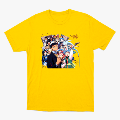 Camiseta com estampa frontal de diversos personagens de anime alinhados, exibindo expressões variadas, alguns com adereços únicos e poses dinâmicas.