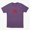 Camiseta com estampa frontal de aranha estilizada de linhas finas e estampa traseira de rosto delineado com texto e referências icônicas.
