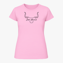 Camiseta com estampa frontal de contorno estilizado de cabeça de touro com chifres curvados, acompanhada por uma inscrição cursiva centralizada.
