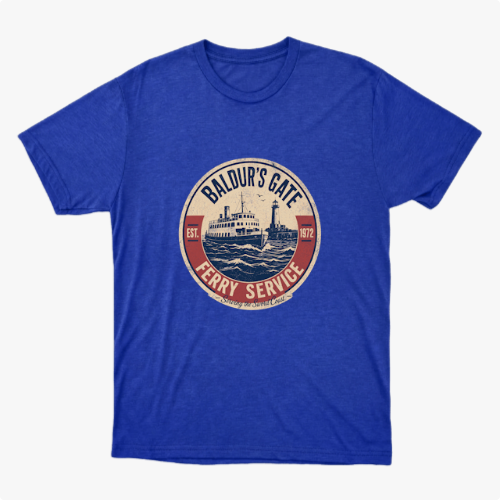 Camiseta com estampa frontal de um emblema circular apresentando um ferry estilizado, com inscrições que indicam "Baldur's Gate Ferry Service" e datas.