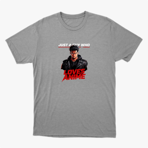 Camiseta com estampa frontal de personagem masculino estilizado usando jaqueta e texto "Just A Guy Who Loves Anime" em destaque.
