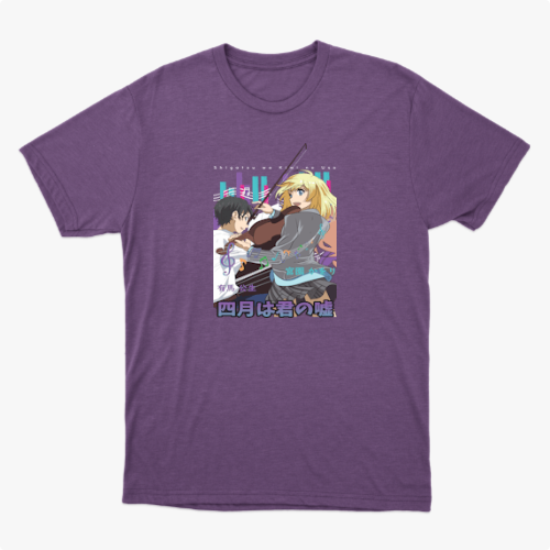 Camiseta com estampa frontal de dois personagens estilo anime, um rapaz e uma moça, acompanhados de instrumentos musicais e elementos urbanos ao fundo.