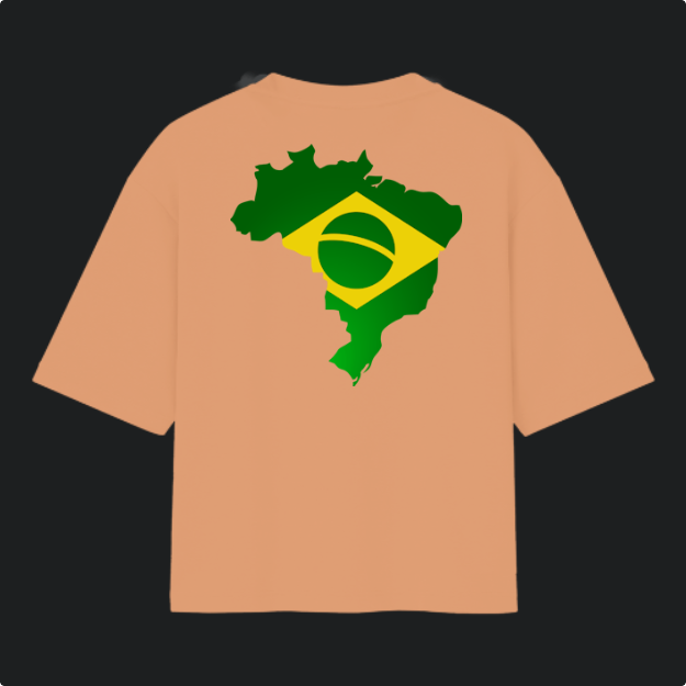 Camiseta com estampa frontal de texto estilizado "Acorda Brasil" e estampa traseira de mapa do Brasil integrado ao design da bandeira nacional.
