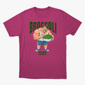 Camiseta com estampa frontal de um fisiculturista segurando uma tigela cheia de brócolis, com a palavra "Broccoli" em destaque acima dele.