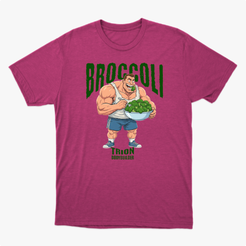 Camiseta com estampa frontal de um fisiculturista segurando uma tigela cheia de brócolis, com a palavra "Broccoli" em destaque acima dele.