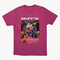 Camiseta com estampa frontal de um grupo de personagens em pose destemida, cercados por figuras sombrias e texto em estilo japonês na parte superior e inferior.
