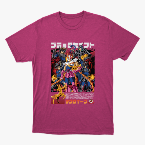 Camiseta com estampa frontal de um grupo de personagens em pose destemida, cercados por figuras sombrias e texto em estilo japonês na parte superior e inferior.