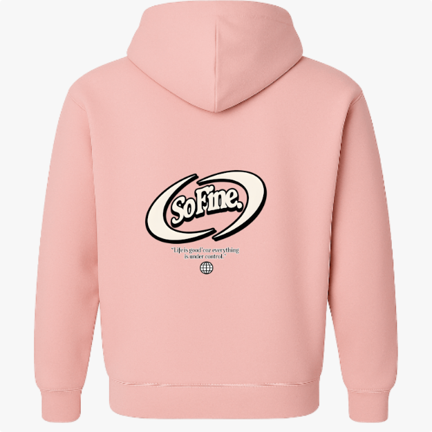 Moletom com estampa frontal de mão fazendo gesto positivo e texto inspirador, e estampa traseira de logotipo "So Fine", citação motivacional e ícone de globo.