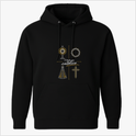Moletom com estampa frontal de elementos religiosos incluindo um ostensório, coroa de espinhos, cruz e Nossa Senhora, e estampa traseira de logotipo com coroa.