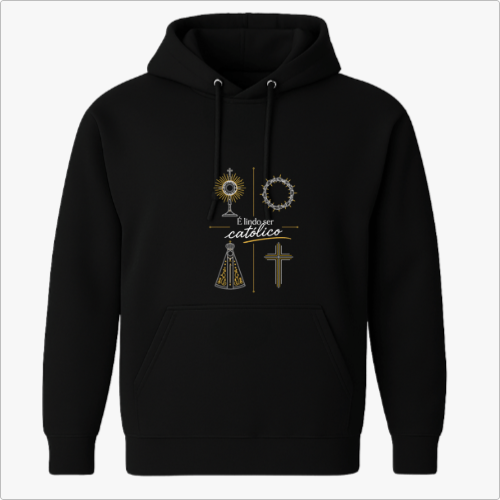Moletom com estampa frontal de elementos religiosos incluindo um ostensório, coroa de espinhos, cruz e Nossa Senhora, e estampa traseira de logotipo com coroa.