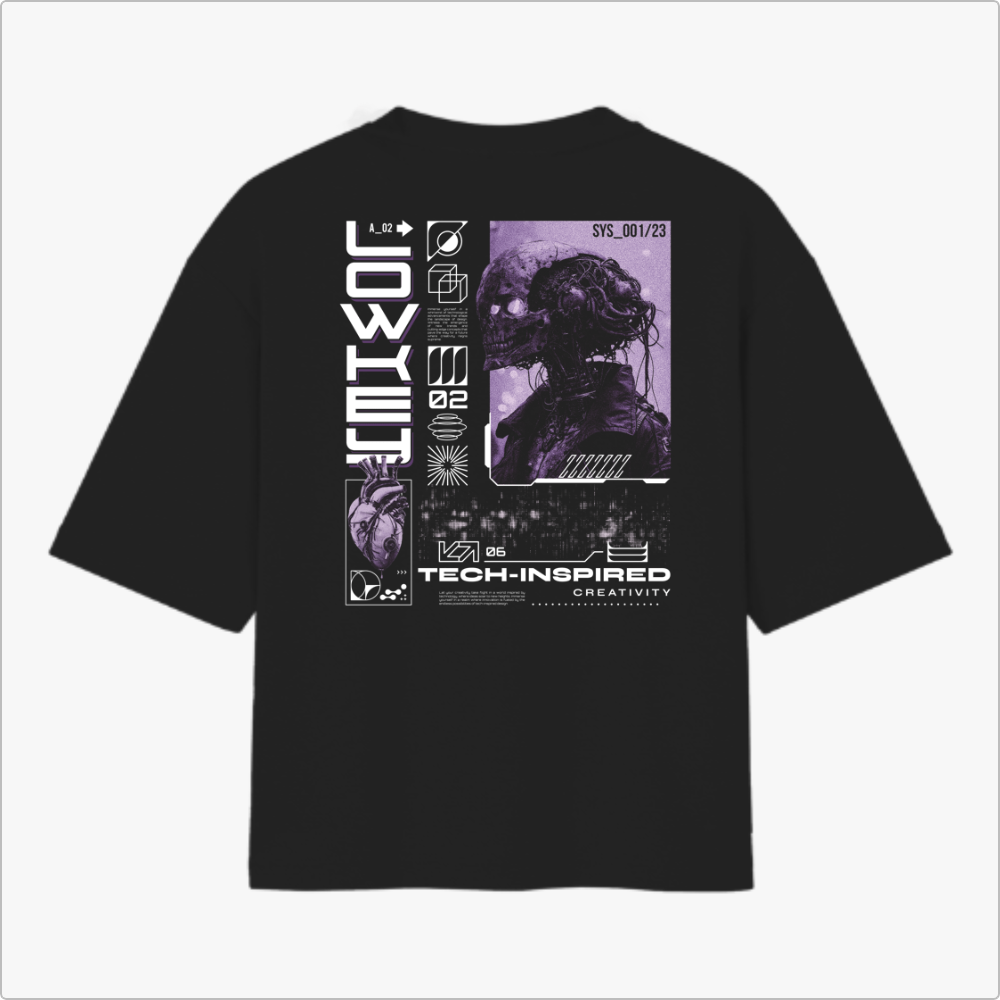 Camiseta com estampa frontal de duas caveiras cruzadas estilizadas e estampa traseira de design futurista com figura robótica, textos e elementos geométricos.