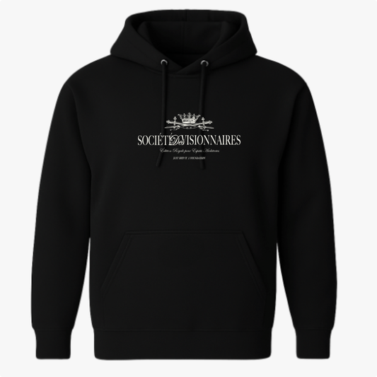 Moletom com estampa frontal de coroa detalhada acima do texto "Société Visionnaires", com frases menores em estilo clássico complementando o design.