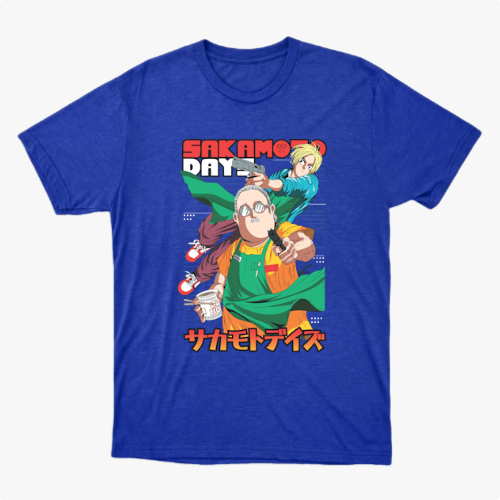 Camiseta com estampa frontal de dois personagens em estilo anime, um segurando café e outro apontando, com texto em japonês e inglês acima e abaixo.