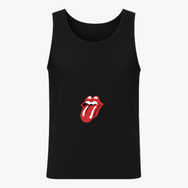 Camiseta regata com estampa frontal de boca com língua de fora, em estilo icônico e detalhado, representando lábios contornados e expressão marcante.