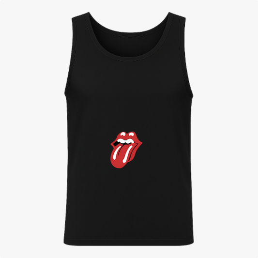 Camiseta regata com estampa frontal de boca com língua de fora, em estilo icônico e detalhado, representando lábios contornados e expressão marcante.