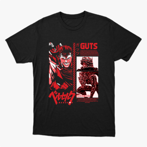 Camiseta com estampa frontal de personagem de mangá em posição dinâmica com espada, cercado por detalhes, textos estilizados e ilustrações adicionais.