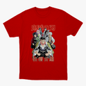 Camiseta com estampa frontal de cinco personagens de anime em pose determinada, com inscrição japonesa em destaque acima e abaixo das figuras.