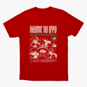 Camiseta com estampa frontal de quadrinhos ilustrados em cenas de luta, com personagens desenhados em estilo mangá, acompanhados por textos estilizados.