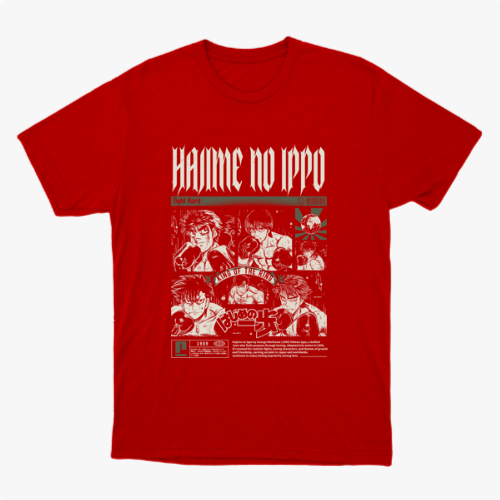 Camiseta com estampa frontal de quadrinhos ilustrados em cenas de luta, com personagens desenhados em estilo mangá, acompanhados por textos estilizados.