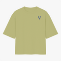 Camiseta com estampa frontal de figura geométrica abstrata e estampa traseira de pássaro estilizado com frases e elementos gráficos variados.