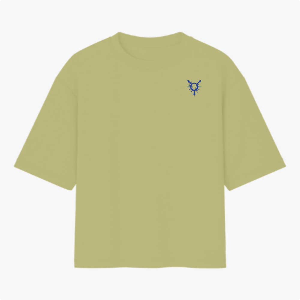 Camiseta com estampa frontal de figura geométrica abstrata e estampa traseira de pássaro estilizado com frases e elementos gráficos variados.