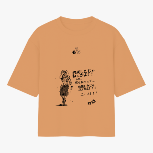 Camiseta com estampa frontal de personagem em pose reflexiva e texto japonês, e estampa traseira de quadrinhos com cenas de personagens e falas.