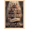 Quadro com estampa frontal de leão majestoso em meio a uma estrutura arquitetônica clássica, coroado, cercado por frases inspiradoras em estilo realista.