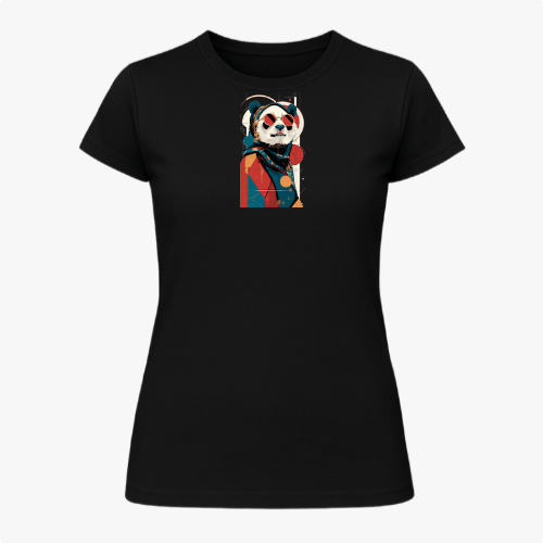 Camiseta com estampa frontal de panda estilizado, vestindo roupa clássica e chapéu, sobre fundo geométrico abstrato contrastante.
