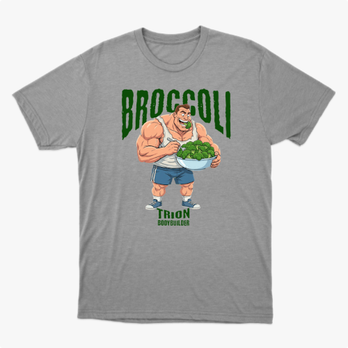 Camiseta com estampa frontal de um fisiculturista segurando uma tigela cheia de brócolis, com a palavra "Broccoli" em destaque acima dele.