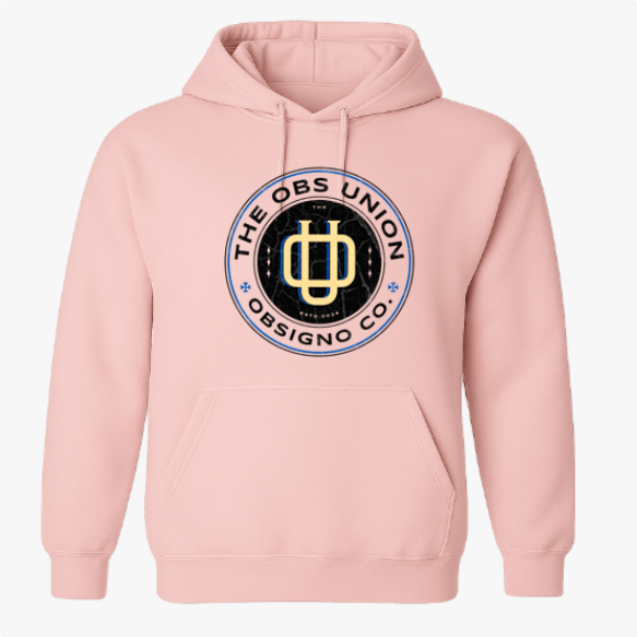 Moletom com estampa frontal de emblema redondo "THE OBS UNION" ao redor de um símbolo central estilizado e o texto "OBSIGNO CO." na parte inferior.