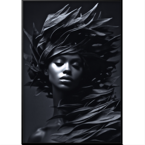 Quadro com estampa frontal de retrato artístico de uma mulher, em estilo monocromático, adornada com folhas estilizadas ao redor da cabeça e ombros.