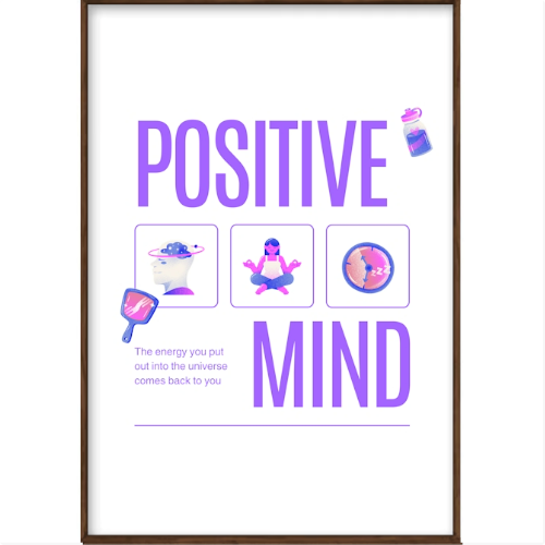 Quadro com estampa frontal de ícones inspiradores, incluindo uma mulher meditando, uma cabeça de flor, um globo rosa e frasco, destacando "POSITIVE MIND".