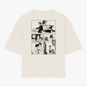 Camiseta com estampa frontal de personagem em pose reflexiva e texto japonês, e estampa traseira de quadrinhos com cenas de personagens e falas.