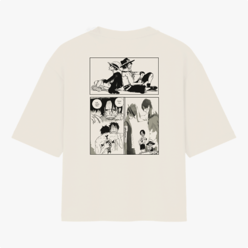 Camiseta com estampa frontal de personagem em pose reflexiva e texto japonês, e estampa traseira de quadrinhos com cenas de personagens e falas.