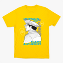 Camiseta com estampa frontal de personagem estilo mangá em perfil, com chapéu militar, acompanhada de textos como "Mustang Roy" e "Flame Alchemist".