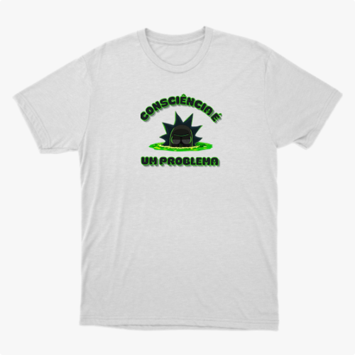 Camiseta com estampa frontal de criatura robótica emergindo de superfície líquida, rodeada pela frase "consciência é um problema" em estilo tecnológico.