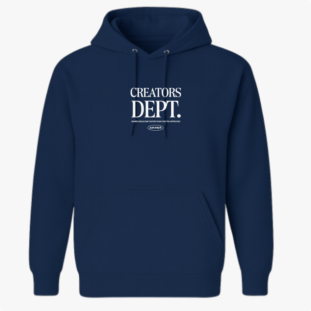 Moletom com estampa frontal de texto "CREATORS DEPT." em fonte estilizada, acompanhado por uma frase menor abaixo, incluindo um pequeno logotipo oval.