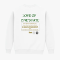 Moletom com estampa traseira de palavras "LOVE OF ONE'S FATE" em destaque, acompanhadas por um texto refletindo sobre aceitação e força interior.